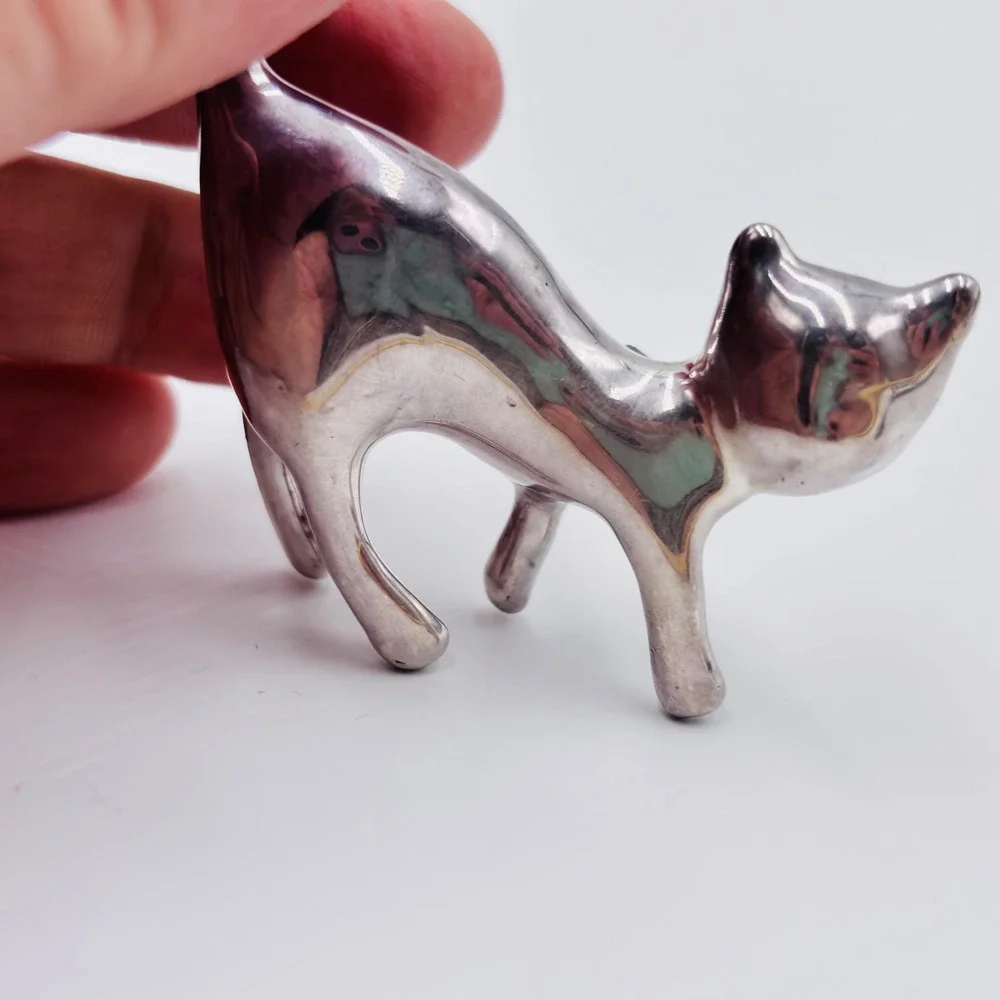 Vintage Taxco Mexico Sterling Silver 925 Arched Back Cat Brooch Pin Minimalist